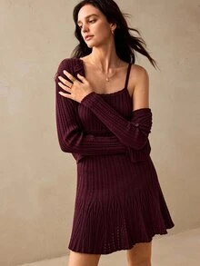 Willow Rêve Women's Ribbed Knit Cardigan And Fitted Cami Dress 2 Pieces Set With Button Front, Elegant Romantic Fall Office High Tea Everyday Date Brunch Burgundy - Burgundy - View 2