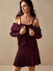Willow Rêve Women's Ribbed Knit Cardigan And Fitted Cami Dress 2 Pieces Set With Button Front, Elegant Romantic Fall Office High Tea Everyday Date Brunch Burgundy - Burgundy - View 7