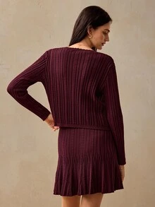 Willow Rêve Women's Ribbed Knit Cardigan And Fitted Cami Dress 2 Pieces Set With Button Front, Elegant Romantic Fall Office High Tea Everyday Date Brunch Burgundy - Burgundy - View 3