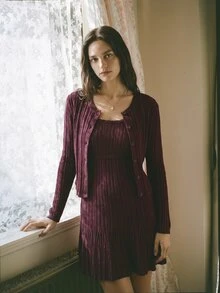 Willow Rêve Women's Ribbed Knit Cardigan And Fitted Cami Dress 2 Pieces Set With Button Front, Elegant Romantic Fall Office High Tea Everyday Date Brunch Burgundy - Burgundy - View 1
