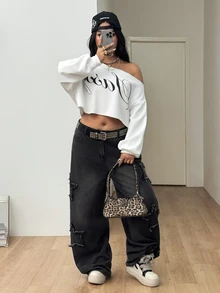 Coolane Women's Plus Size Autumn Streetwear Baggy Casual Elegant Vacation Going Out Formal Club Y2k Letter Print Asymmetric Collar White Cropped Sweatshirt - White - View 3