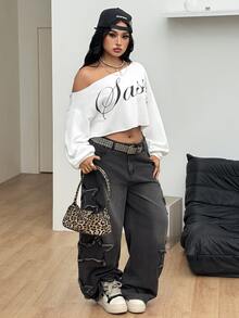 Coolane Women's Plus Size Autumn Streetwear Baggy Casual Elegant Vacation Going Out Formal Club Y2k Letter Print Asymmetric Collar White Cropped Sweatshirt - White - View 8