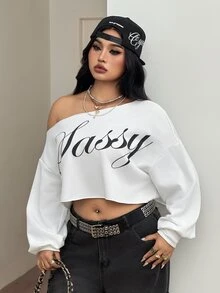 Coolane Women's Plus Size Autumn Streetwear Baggy Casual Elegant Vacation Going Out Formal Club Y2k Letter Print Asymmetric Collar White Cropped Sweatshirt - White - View 6