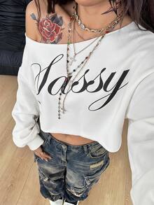 Coolane Women's Plus Size Autumn Streetwear Baggy Casual Elegant Vacation Going Out Formal Club Y2k Letter Print Asymmetric Collar White Cropped Sweatshirt - White - View 2