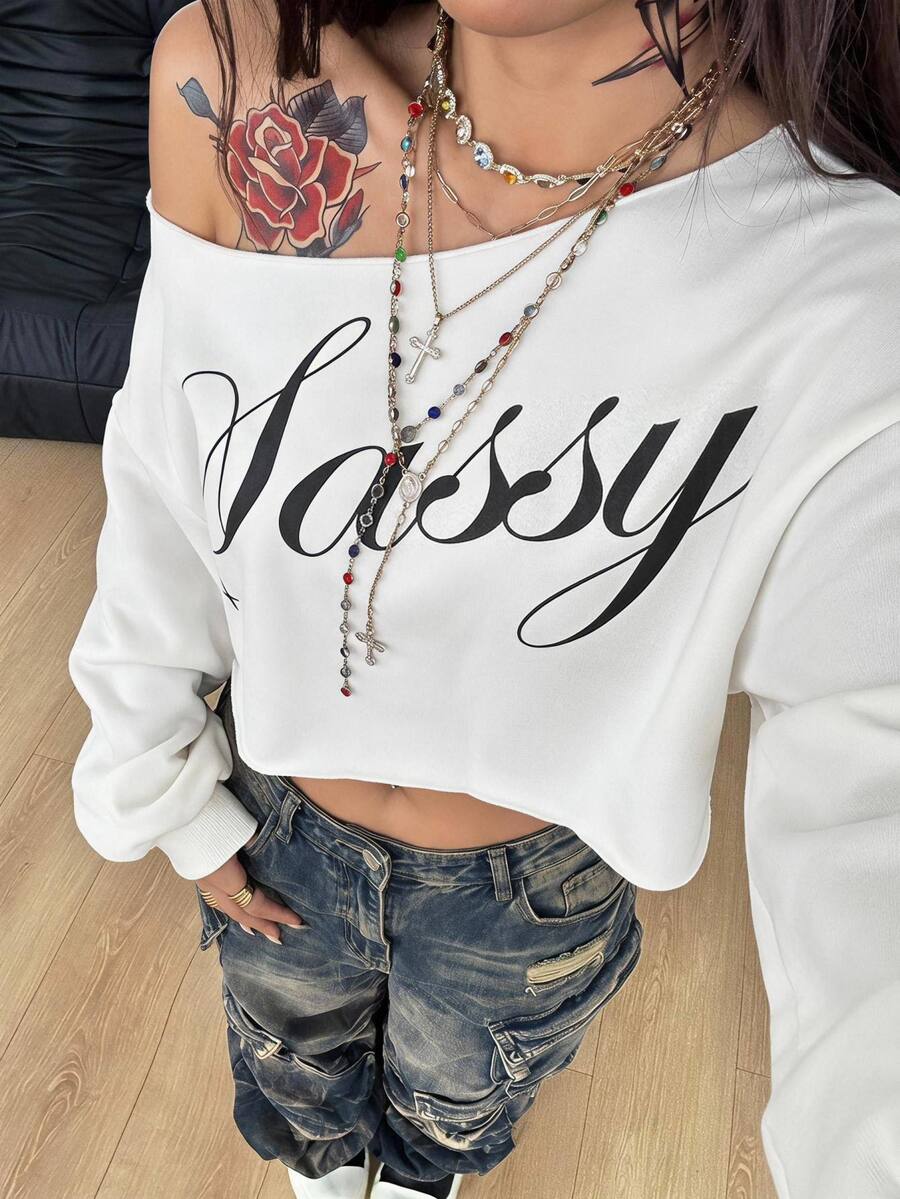 Coolane Women's Plus Size Autumn Streetwear Baggy Casual Elegant Vacation Going Out Formal Club Y2k Letter Print Asymmetric Collar White Cropped Sweatshirt
