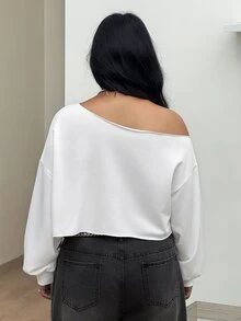 Coolane Women's Plus Size Autumn Streetwear Baggy Casual Elegant Vacation Going Out Formal Club Y2k Letter Print Asymmetric Collar White Cropped Sweatshirt - White - View 7