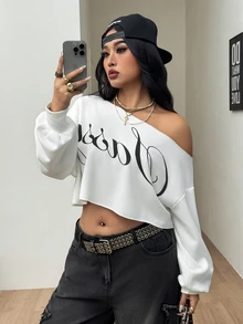 Coolane Women's Plus Size Autumn Streetwear Baggy Casual Elegant Vacation Going Out Formal Club Y2k Letter Print Asymmetric Collar White Cropped Sweatshirt - White - View 4
