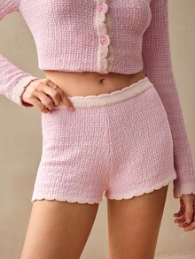 Willow Rêve Women's Pink And White Faux Tweed Plaid Textured Knit Mini Shorts, Casual Cute Vacation Style, Valentine's Day Brunch Lounge Fall - Pink - View 6