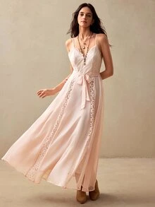 Willow Rêve Women's Light Skin Tone V-Neck Lace Maxi Dress, Romantic Cottagecore Wedding Style, Boho Picnic Vacation Light Pink Summer - Apricot - View 2