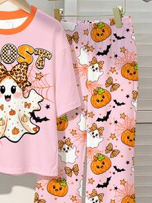 Halloween, Young Girl Casual Cute Shiny Textured Ghost, Pumpkin, Bat Pattern, Cream Pink Short Sleeve Long Pants Two Pieces Set Suitable For Summer Looks Of Party, Fall Clothes, Kawaii, Cute - Multicolor - View 7