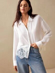 Willow Rêve Women's White Loose Lace Patchwork Hem Button-Down Shirt, Vacation Style, Versatile Brunch Picnic Summer French Elegant Romantic - White - View 7