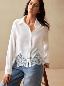 Willow Rêve Women's White Loose Lace Patchwork Hem Button-Down Shirt, Vacation Style, Versatile Brunch Picnic Summer French Elegant Romantic - White - View 8