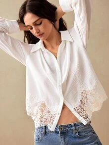 Willow Rêve Women's White Loose Lace Patchwork Hem Button-Down Shirt, Vacation Style, Versatile Brunch Picnic Summer French Elegant Romantic - White - View 2