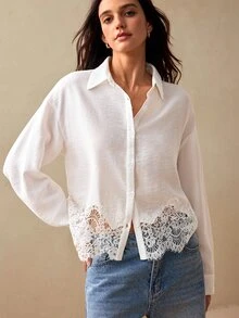 Willow Rêve Women's White Loose Lace Patchwork Hem Button-Down Shirt, Vacation Style, Versatile Brunch Picnic Summer French Elegant Romantic - White - View 4