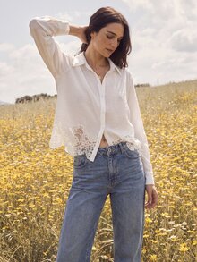 Willow Rêve Women's White Loose Lace Patchwork Hem Button-Down Shirt, Vacation Style, Versatile Brunch Picnic Summer French Elegant Romantic - White - View 1
