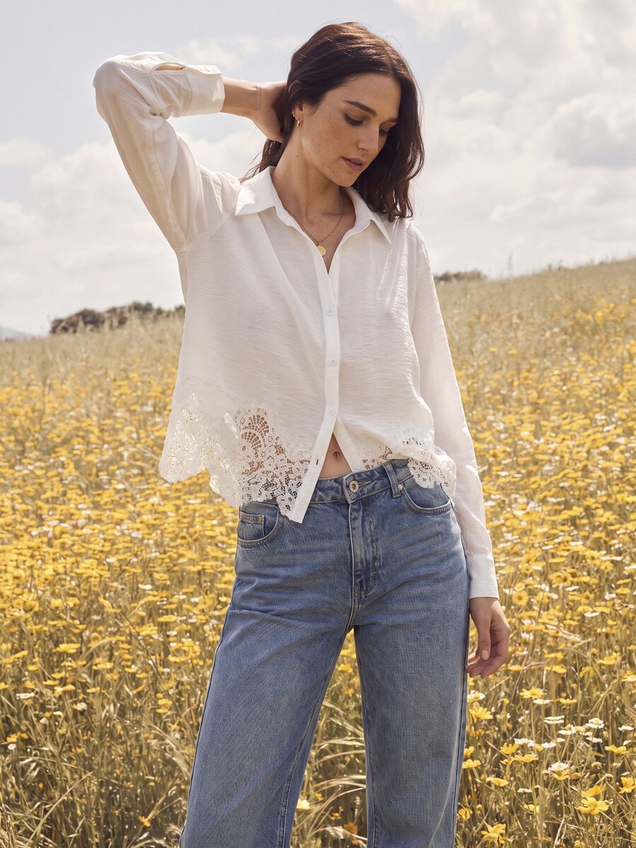 Willow Rêve Women's White Loose Lace Patchwork Hem Button-Down Shirt, Vacation Style, Versatile Brunch Picnic Summer French Elegant Romantic - White - View 1