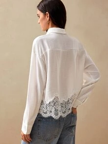 Willow Rêve Women's White Loose Lace Patchwork Hem Button-Down Shirt, Vacation Style, Versatile Brunch Picnic Summer French Elegant Romantic - White - View 3