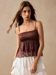 Willow Rêve Women's Shades Of Brown Satin Pleated Embroidery Lace Hem Cami Top, Romantic Cottagecore Vacation Style, Sexy, Boho, Tank Top, Summer, Picnic - Brown - View 8