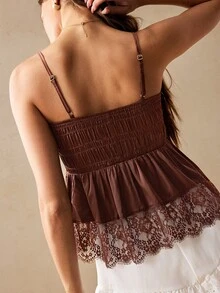 Willow Rêve Women's Shades Of Brown Satin Pleated Embroidery Lace Hem Cami Top, Romantic Cottagecore Vacation Style, Sexy, Boho, Tank Top, Summer, Picnic - Brown - View 3