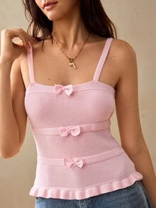 Willow Rêve 女款粉色蝴蝶結裝飾下擺荷葉邊可愛細肩帶毛衣，甜美風格，浪漫風格，情人節 - 粉色 - 查看 8