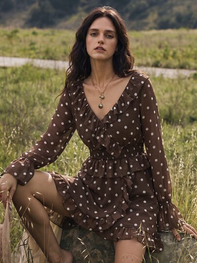 Willow Rêve Women's Brown And White Polka Dot Chiffon V-Neck Ruffle Long Sleeve Mini Dress Bday Dinner Picnic Vacation Date Daytime Autumn Vintage Boho 70s Summer
