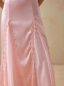 Willow Rêve Women's Baby Pink Lace Trim Satin Patchwork Chiffon Maxi Dress, Romantic Vacation Style, Boho, Summer, Elegant Long Tea Party Date Garden - Pink - View 9