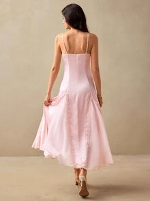 Willow Rêve Women's Baby Pink Lace Trim Satin Patchwork Chiffon Maxi Dress, Romantic Vacation Style, Boho, Summer, Elegant Long Tea Party Date Garden - Pink - View 3