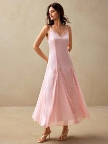 Willow Rêve Women's Baby Pink Lace Trim Satin Patchwork Chiffon Maxi Dress, Romantic Vacation Style, Boho, Summer, Elegant Long Tea Party Date Garden - Pink - View 5