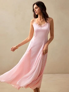 Willow Rêve Women's Baby Pink Lace Trim Satin Patchwork Chiffon Maxi Dress, Romantic Vacation Style, Boho, Summer, Elegant Long Tea Party Date Garden - Pink - View 7
