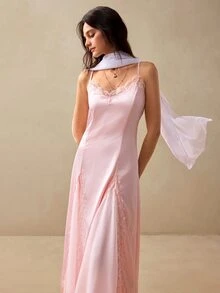 Willow Rêve Women's Baby Pink Lace Trim Satin Patchwork Chiffon Maxi Dress, Romantic Vacation Style, Boho, Summer, Elegant Long Tea Party Date Garden - Pink - View 4