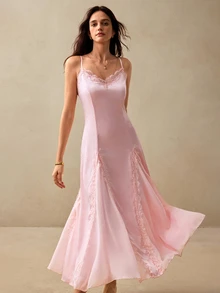 Willow Rêve Women's Baby Pink Lace Trim Satin Patchwork Chiffon Maxi Dress, Romantic Vacation Style, Boho, Summer, Elegant Long Tea Party Date Garden - Pink - View 8