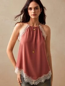 Willow Rêve Women's Rust Sleeveless Lace Trim Asymmetrical Hem Spaghetti Strap Camisole Top, Romantic Elegant Vacation Style, Valentine's Day Date Summer - Coffee Brown - View 7
