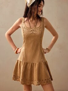 Willow Rêve Women's Suede Shades Of Brown Burnout Pattern Fitted Dress, Summer For Holiday, Elegant Boho Short, Picnic Vacation - Khaki - View 8
