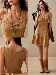 Willow Rêve Women's Suede Shades Of Brown Burnout Pattern Fitted Dress, Summer For Holiday, Elegant Boho Short, Picnic Vacation - Khaki - View 2