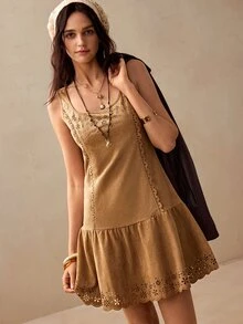 Willow Rêve Women's Suede Shades Of Brown Burnout Pattern Fitted Dress, Summer For Holiday, Elegant Boho Short, Picnic Vacation - Khaki - View 6