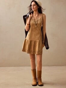 Willow Rêve Women's Suede Shades Of Brown Burnout Pattern Fitted Dress, Summer For Holiday, Elegant Boho Short, Picnic Vacation - Khaki - View 5