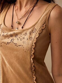 Willow Rêve Women's Suede Shades Of Brown Burnout Pattern Fitted Dress, Summer For Holiday, Elegant Boho Short, Picnic Vacation - Khaki - View 9