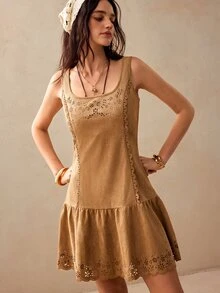 Willow Rêve Women's Suede Shades Of Brown Burnout Pattern Fitted Dress, Summer For Holiday, Elegant Boho Short, Picnic Vacation - Khaki - View 4