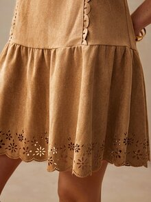 Willow Rêve Women's Suede Shades Of Brown Burnout Pattern Fitted Dress, Summer For Holiday, Elegant Boho Short, Picnic Vacation - Khaki - View 10