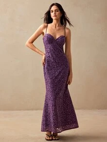 Willow Rêve 女款紫色花卉蕾絲亮片修身貼身魚尾下擺細肩帶洋裝，浪漫婚禮風，性感風，適合花園派對晚餐夏季 - 紫色 - 查看 4