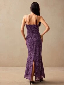 Willow Rêve 女款紫色花卉蕾絲亮片修身貼身魚尾下擺細肩帶洋裝，浪漫婚禮風，性感風，適合花園派對晚餐夏季 - 紫色 - 查看 3