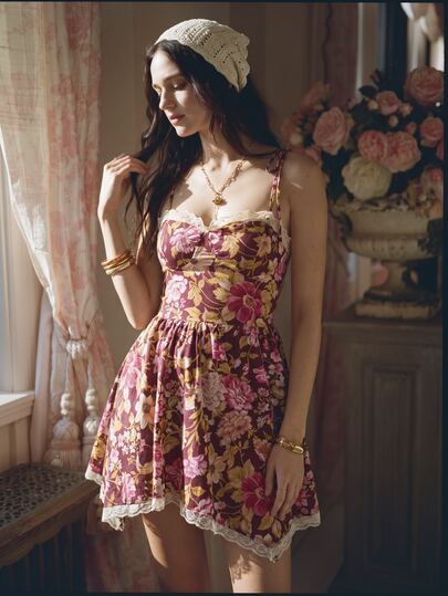 Willow Rêve Women's Brown Floral Print Sexy Ruffle Hem Asymmetrical Mini Dress, Romantic Style, Valentine's Day, Vacation, Boho Style