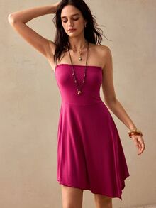 Willow Rêve Women's Purple Strapless Dress With Asymmetrical Hem, Romantic Vacation Style, Valentine's Day, Sexy - Red Violet - View 2