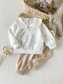 SHEIN Vintaside Kids 2件女嬰可愛活潑秋季白色花卉印花長袖上衣與杏色鬆緊腰長褲套裝，返校家庭套裝 - 彩色 - 查看 5
