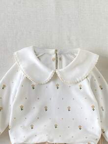 SHEIN Vintaside Kids 2件女嬰可愛活潑秋季白色花卉印花長袖上衣與杏色鬆緊腰長褲套裝，返校家庭套裝 - 彩色 - 查看 7