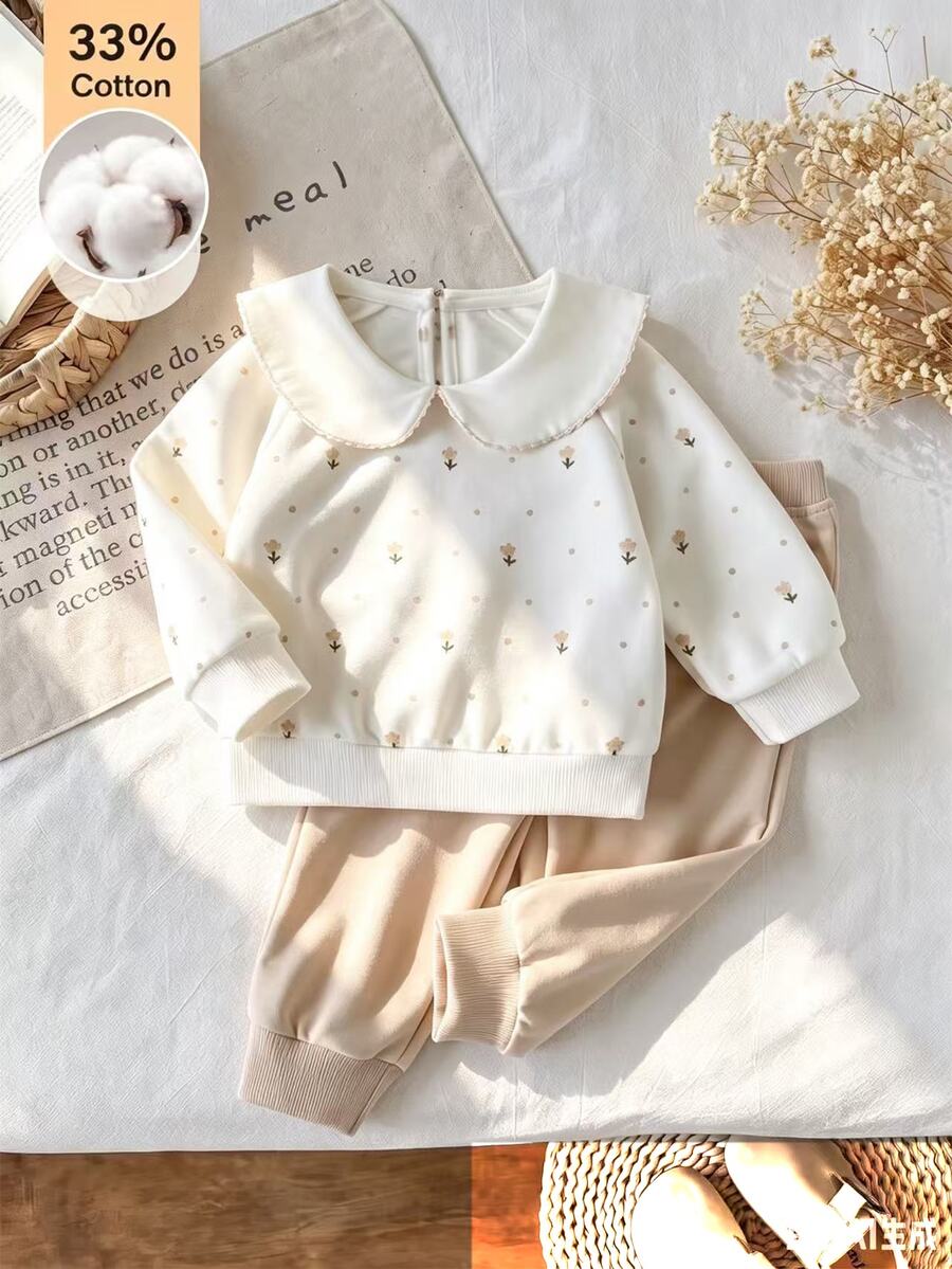 SHEIN Vintaside Kids 2件女嬰可愛活潑秋季白色花卉印花長袖上衣與杏色鬆緊腰長褲套裝，返校家庭套裝