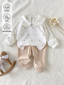 SHEIN Vintaside Kids 2件女嬰可愛活潑秋季白色花卉印花長袖上衣與杏色鬆緊腰長褲套裝，返校家庭套裝 - 彩色 - 查看 4