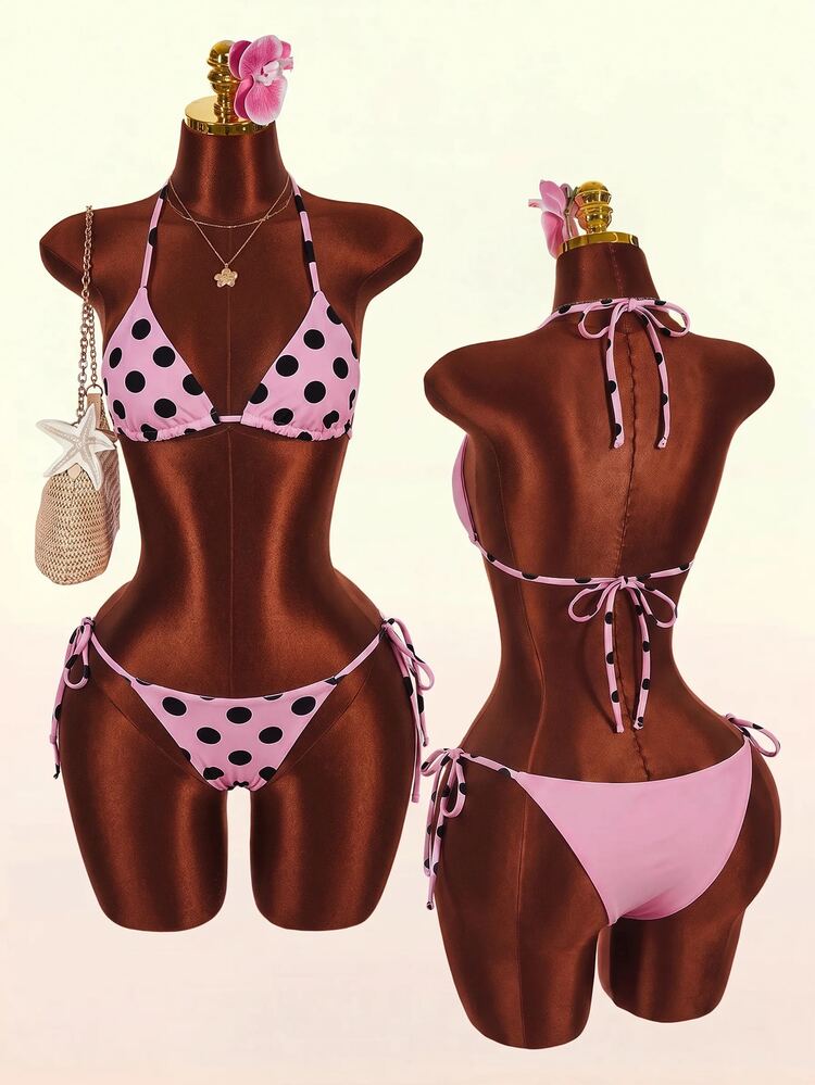 Amplova Women's Leopard Print 2 Pieces Reversible Sexy Avant-Garde Bikini Set, Basic Solid Pink Polka Dots, Suitable For Vacation Wear Beach Party Club Summer - Pink - View 1
