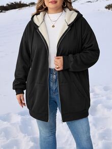 SHEIN CURVE+ Plus Size Women Solid Color Thermal Lined Hooded Casual Daily Long Sleeve Sweatshirt Winter - Black - View 8