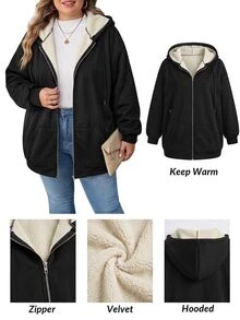 SHEIN CURVE+ Plus Size Women Solid Color Thermal Lined Hooded Casual Daily Long Sleeve Sweatshirt Winter - Black - View 10